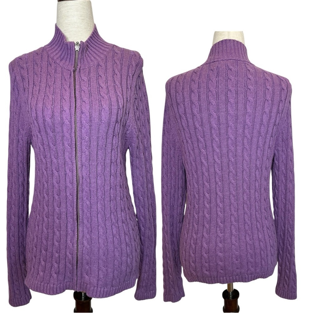 L.L. Bean Cotton Purple Cable Knit Zip Up Sweater Size Medium